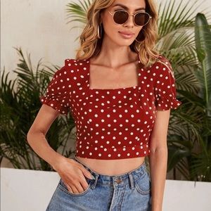 Square neck tied back polka dot top